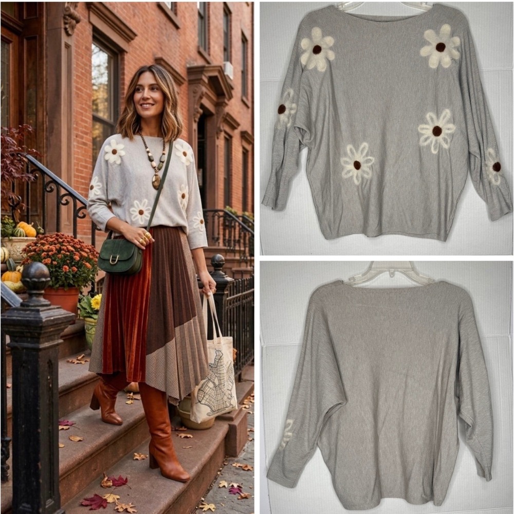 Aaeda Gray Daisy Floral Dolman Sleeve Knit Cozy Sweater L Boho Chic Cottage Fall